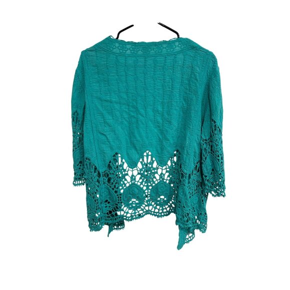 Farmers Market By Oneworld Lace Trim Open Front Cardigan Teal Sz Large Crinkle - Picture 2 of 10